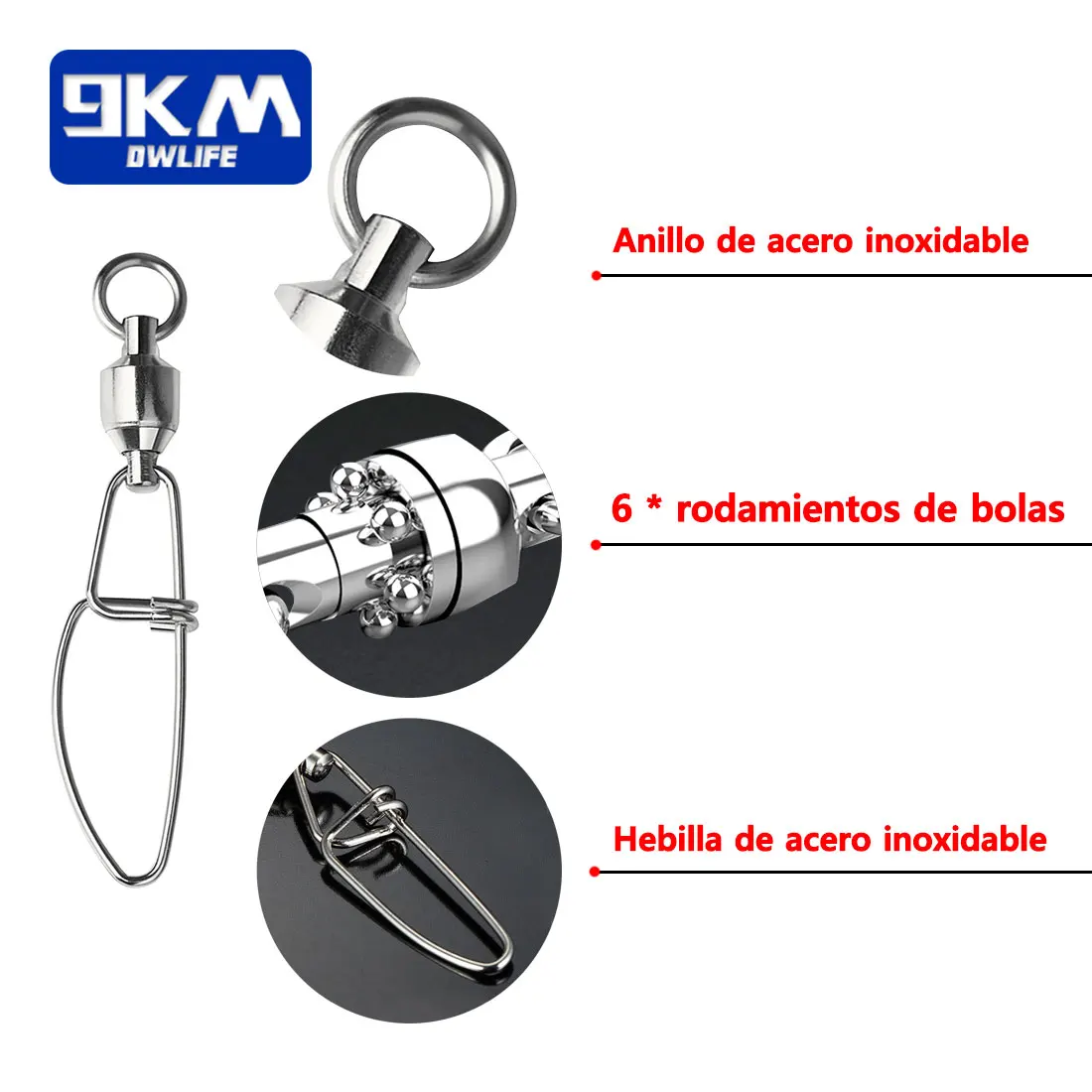 Conectores giratorios de pesca con bolas de rodamiento, de acero inoxidable, con cierre cruzado, de 20 a 100 unidades - imagen 4