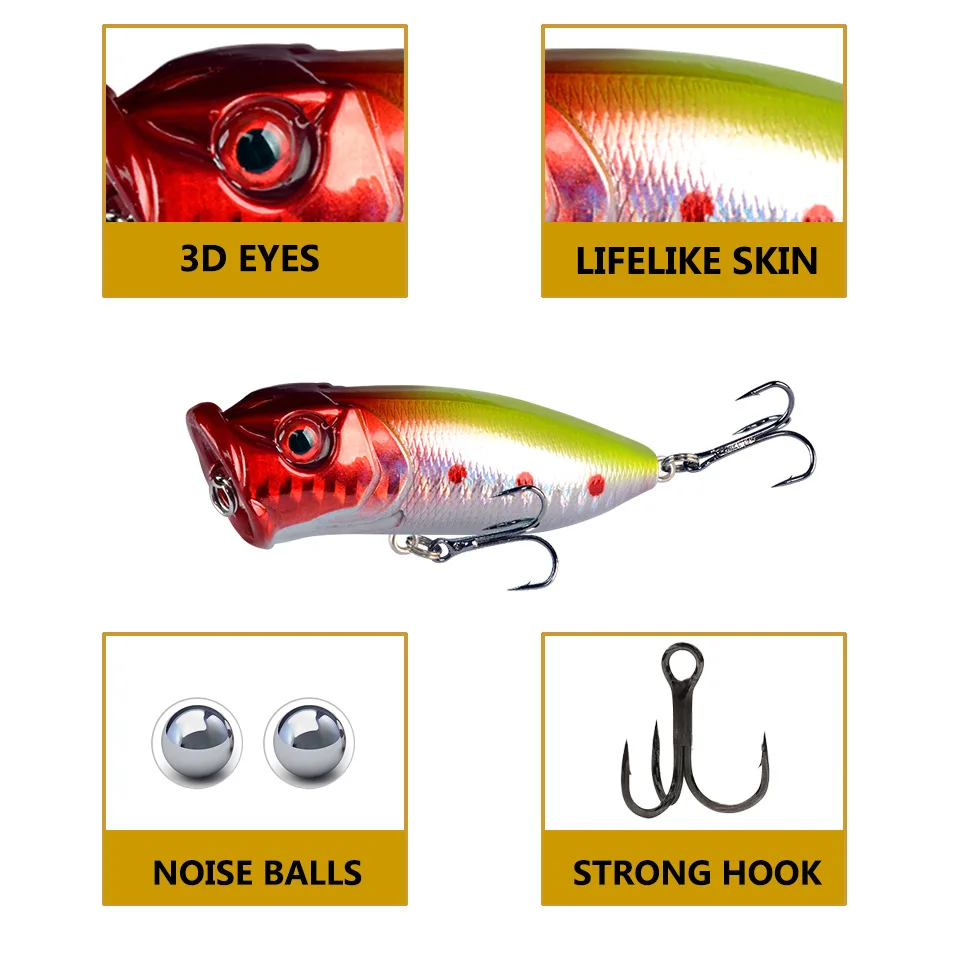 Wobblers flotantes de 1 piezas, Señuelos de Pesca de 6,5 cm, Popper, 12g, cebos duros con 2 anzuelos triples para pesca en agua dulce - imagen 3