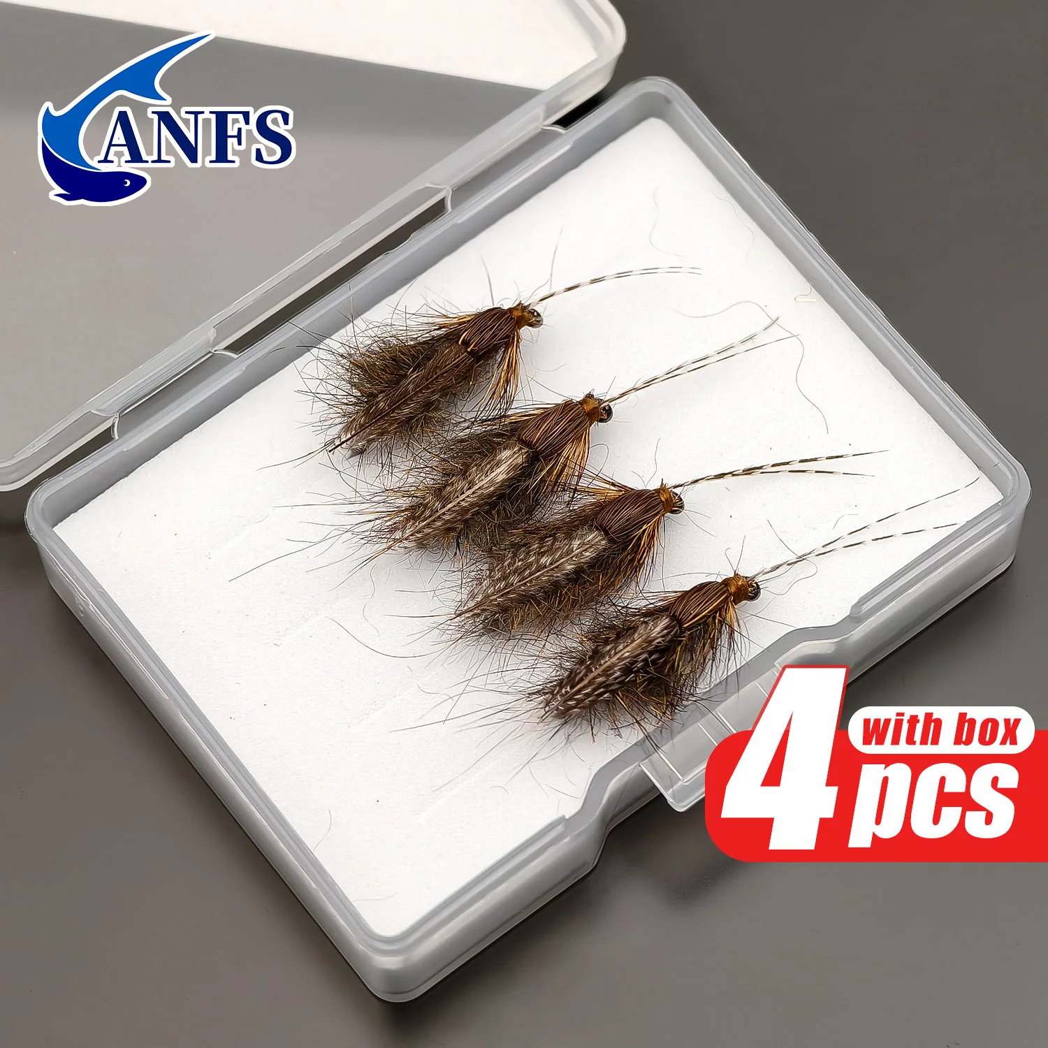 ANFS 4 Uds moscas de pesca con mosca seca con caja de aparejos-cebo con mosca hecho a mano para pesca en agua dulce, señuelo de pesca, cebo de pesca, angelköder