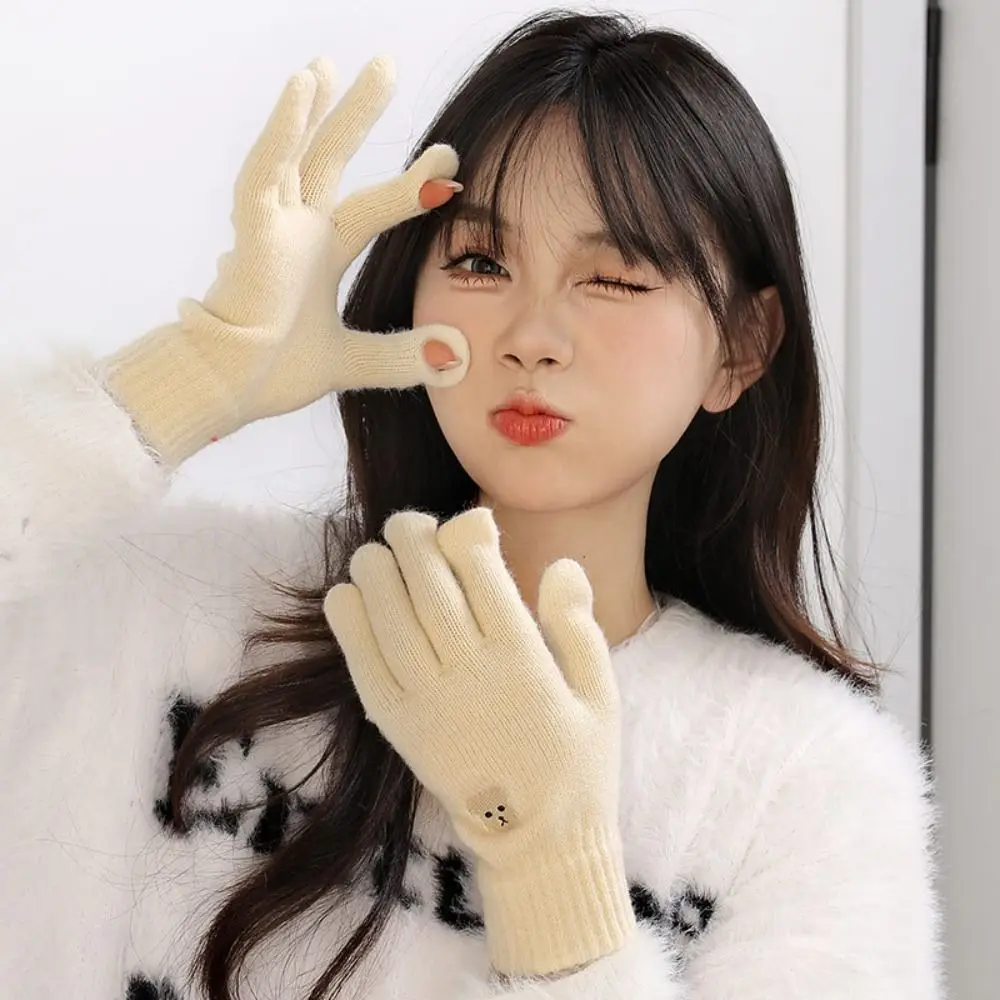 Nuevos guantes cálidos de punto para invierno, guantes de pantalla táctil de Color sólido con oso, guantes de ciclismo a prueba de viento de felpa para hombres - imagen 2