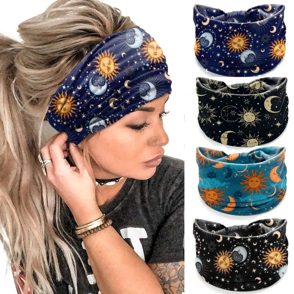Diademas anchas elásticas para mujer, Bandana suave con nudo bohemio Vintage, estampado de flores y estrellas, pañuelo para la cabeza - imagen 4