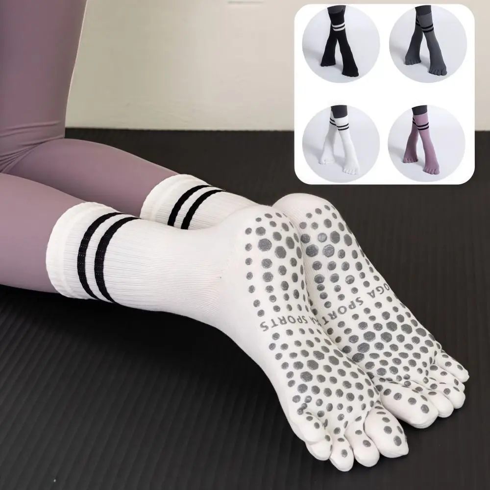Calcetines de Pilates de cinco dedos de tubo medio, calcetines transpirables antideslizantes para Fitness y Yoga, calcetines deportivos de baile de Ballet de algodón grueso - imagen 2