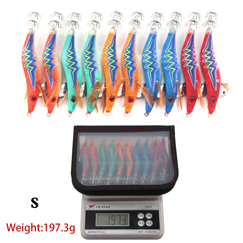 Señuelo de pesca de camarón para anzuelo de calamar/Jigs 10,4/12/13.5cm, lubina de mar, ojos 3D, cebo Artificial duro/madera Luminosa 10 unids/lote/bolsa - imagen 2