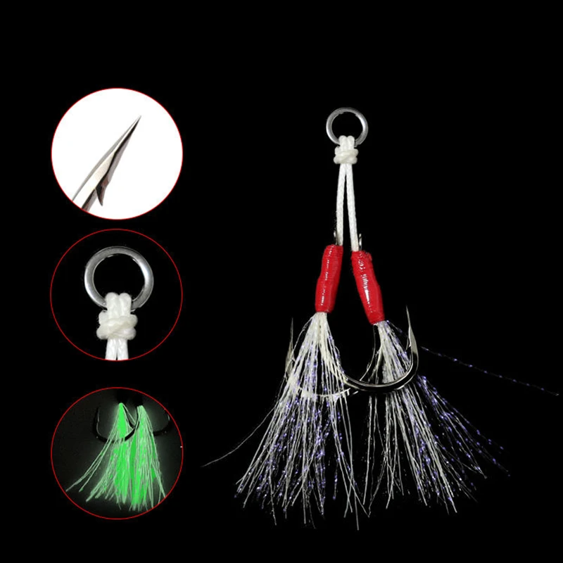 ZYZHE Anzuelo JIG doble luminoso con pluma – Acero alto carbono - imagen 4