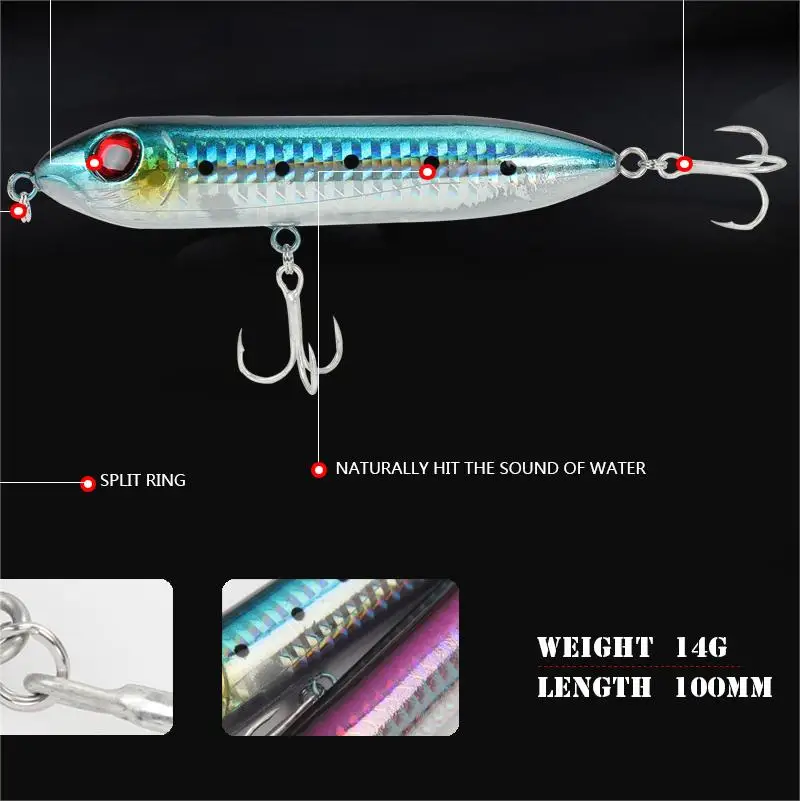 Cebo de pesca con lápiz, cebo duro biónico, 9,6 cm, 12,2g, superficie de agua, perca deformada, superficie de agua, señuelo flotante - imagen 4