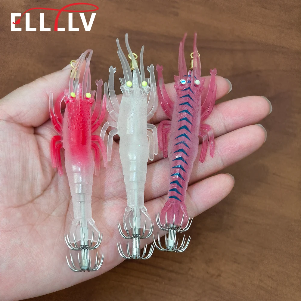 Ellllv, 1 unidad, 10cm, 9,5g, señuelo de camarón suave, anzuelo de calamar, anzuelos de doble paraguas, pesca en agua salada, cebo de pulpo Artificial luminoso - imagen 2