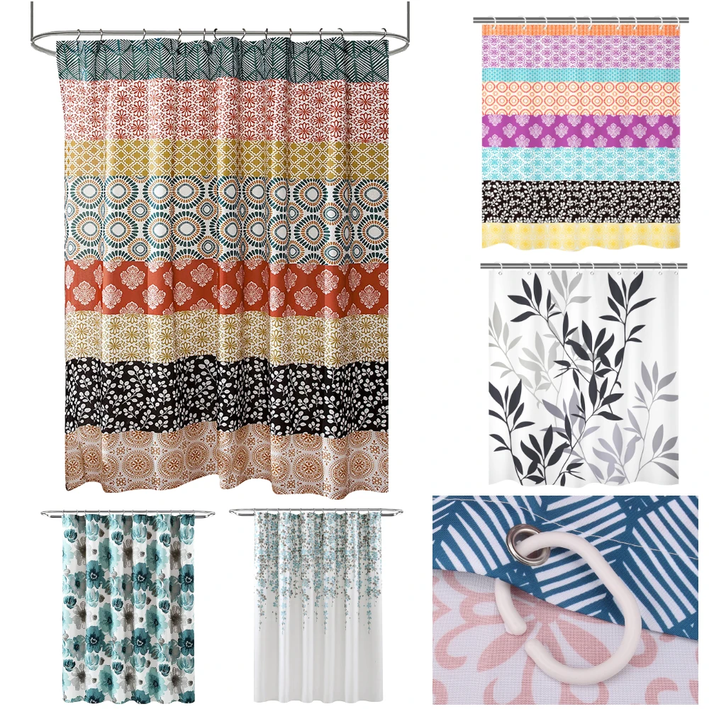 Cortina de ducha bohemia, planta de acuarela, flor colorida, decoración moderna y sencilla para el baño del hogar, cortinas de baño de tela con ganchos