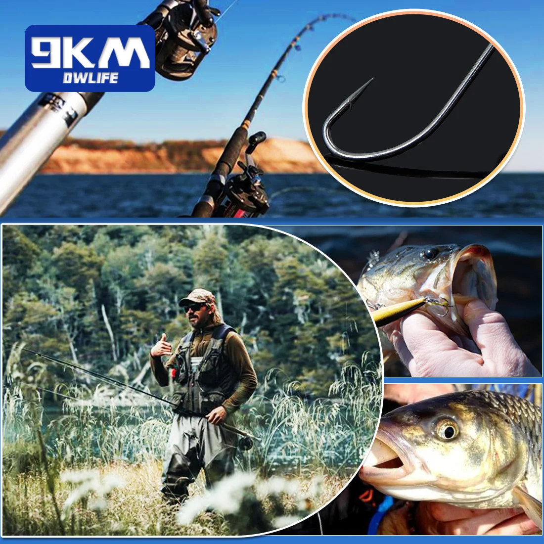 Anzuelo de pesca de agua de mar de 9KM, 50 ~ 200 Uds., anzuelos de pesca de vástago largo con pico de púas, anzuelo de gusano para carpa, anzuelos de pesca con cebo - imagen 5