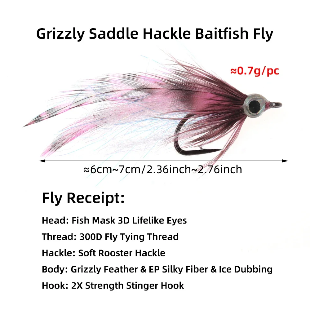 Ellllv 2 uds/4 Uds 2,3 "~ 2,7" de longitud Grizzly sillín Hackle ojos 3D Baitfish mosca pequeñas serpentinas de agua salada moscas cebos de señuelo de pesca - imagen 3