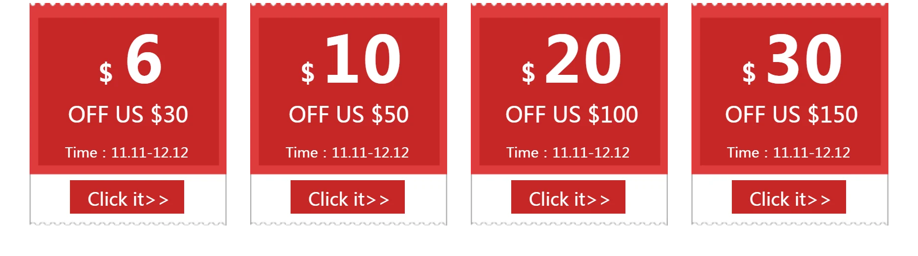 Una serie de banners con descuentos promocionales. Cada banner tiene un monto de descuento diferente: $6, $10, $20 y $30