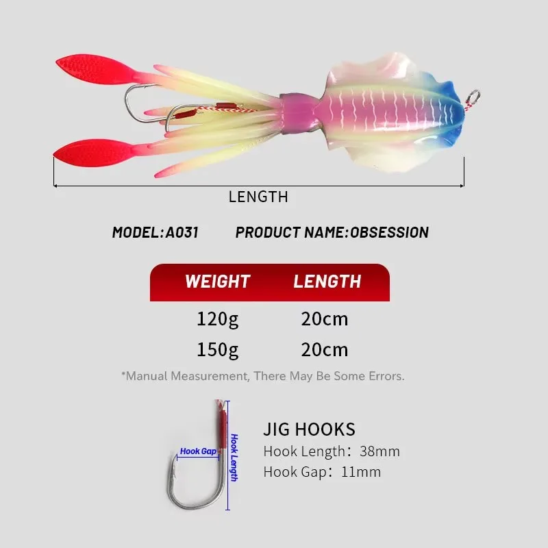 S031 1 Uds señuelo de pesca de silicona pulpo calamar luminoso mar Artificial biónico suave Wobbler cebo de natación 60g 120g 150g - imagen 5