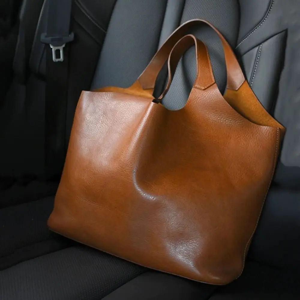 Bolsos de mano marrones de alta calidad para mujer, bolso Retro para tableta y ordenador de gran capacidad, bolso de mano de cuero suave con textura lujosa - imagen 5