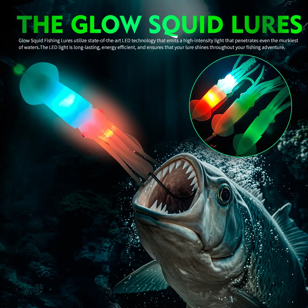 Cebo de pesca que brilla en la oscuridad, pesca en el mar con anzuelo de brocheta, señuelo falso de calamar, señuelo de calamar biónico brillante con aparejos de pesca de plomo - imagen 5