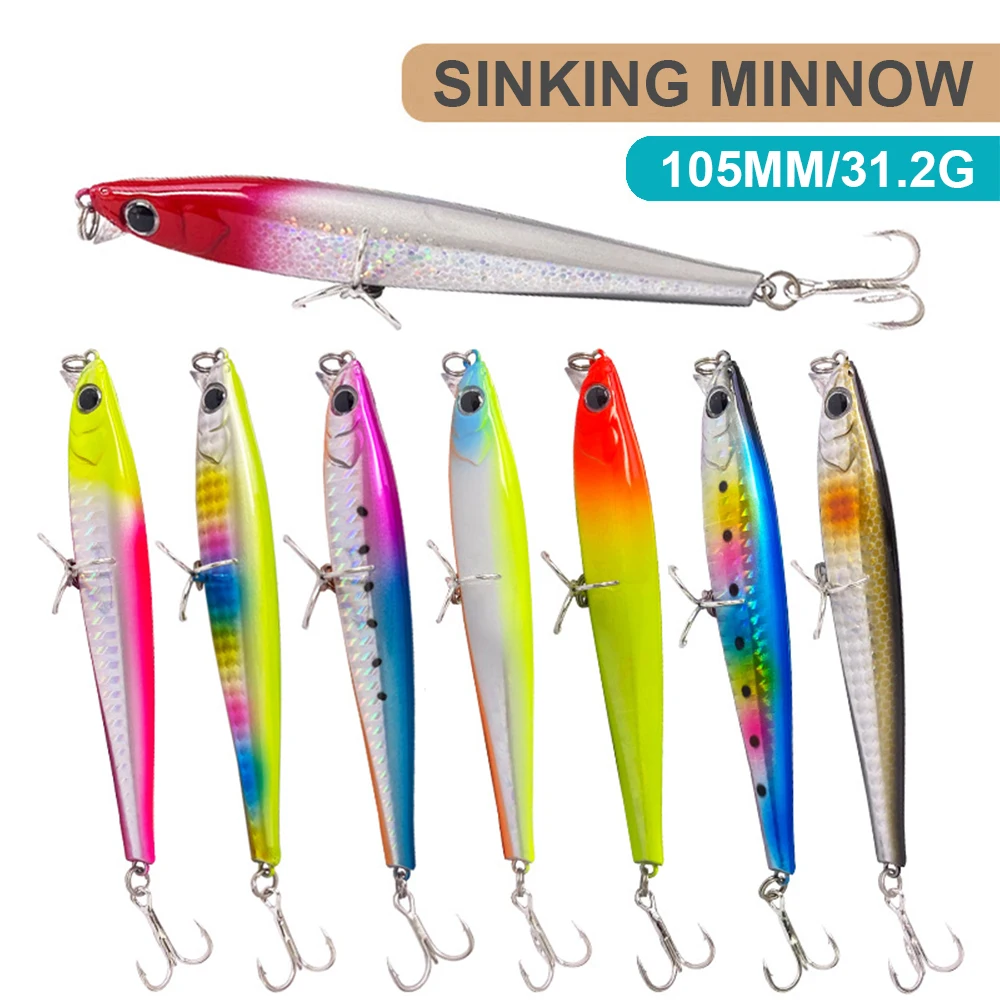 Señuelos de Pesca de 10,5 cm y 31,2g, cebo duro Artificial de fundición larga, Jerkbait, para pesca de lubina en agua de mar, Minnow Wobbler, MN621 - imagen 3