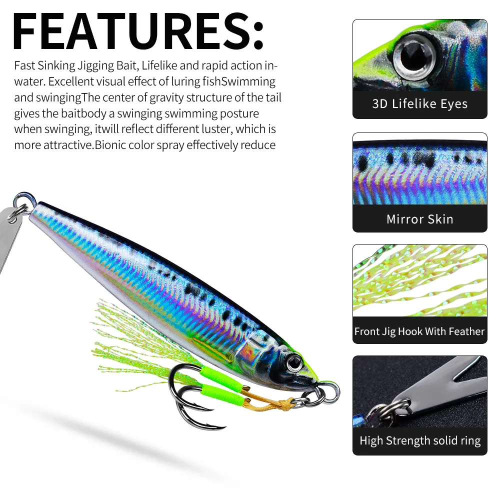 Señuelo de plantilla de Metal luminoso de hundimiento rápido, 20g, 30g, 40g, 60g, 80g, señuelo de pesca de fundición en tierra de agua salada, plantilla de Metal Vertical con ganchos, 1 ud. - imagen 4