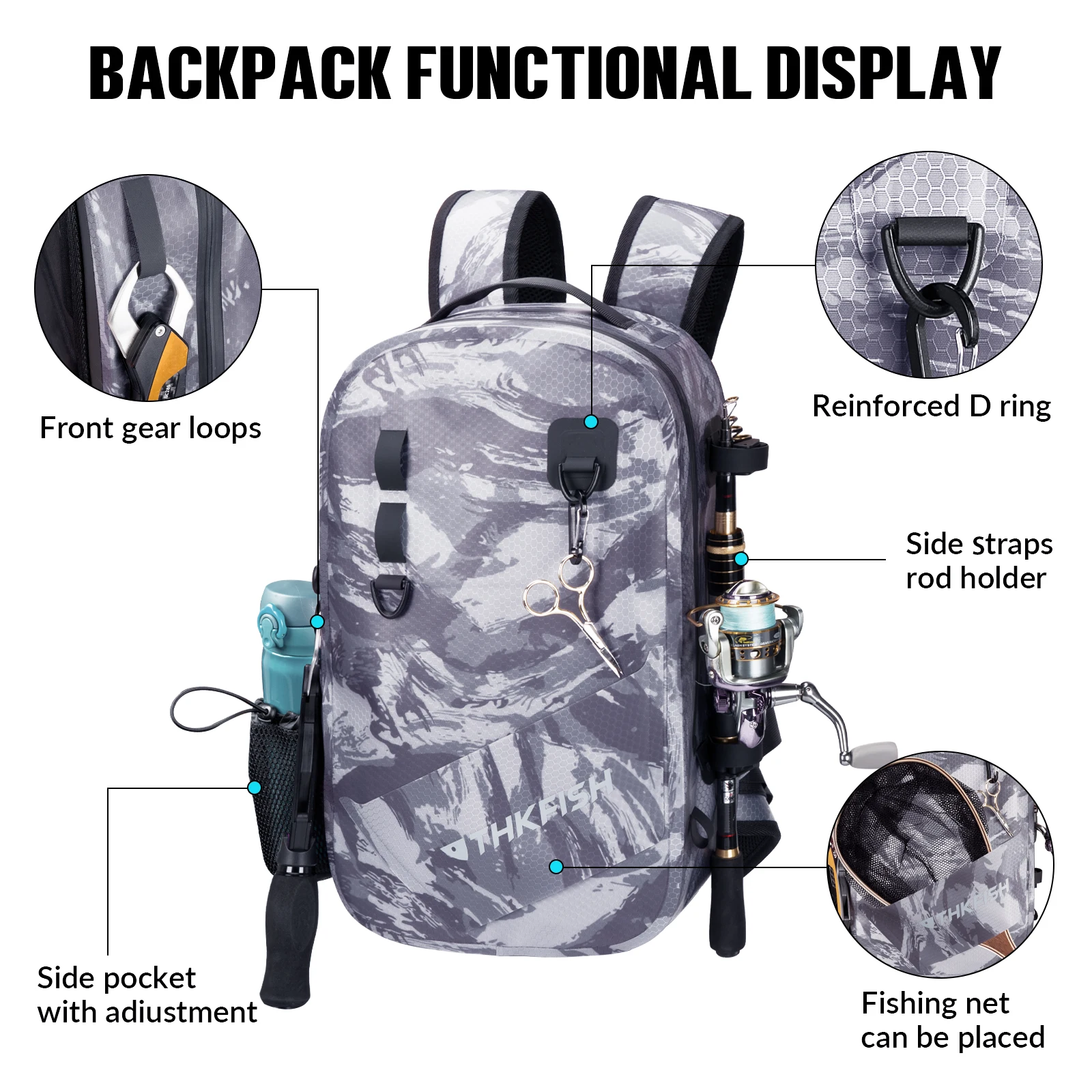 Mochila para aparejos de pesca THKFISH, bolso de hombro impermeable de gran capacidad para pesca, mochilas para pesca con mosca, bolsas para senderismo al aire libre - imagen 5