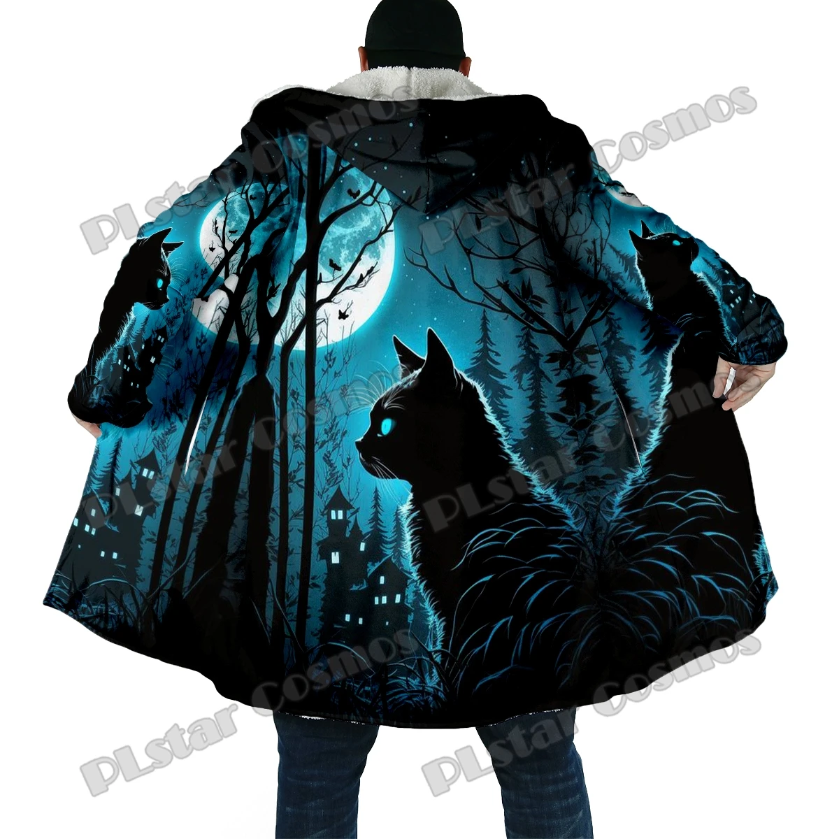 Capa con capucha de vellón grueso Unisex, abrigo cálido informal, estampado 3D, patrón Retro de gato Animal, moda de invierno, DP70 - imagen 3