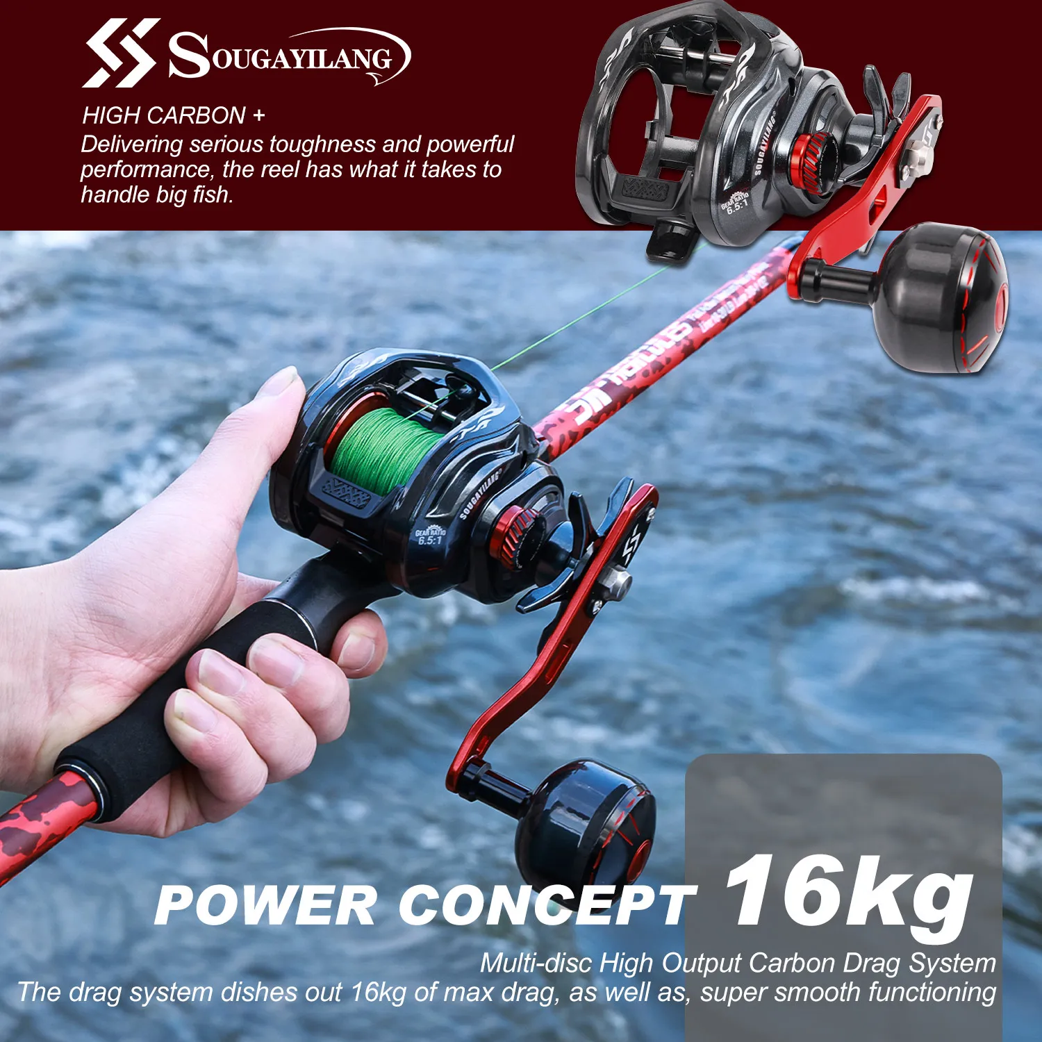 Carrete de pesca Sougayilang CDS400 Baitcasting arrastre máximo 16kg freno magnético relación de engranaje 6,5: 1 cuerpo de fibra de carbono carrete de pesca de un solo mango - imagen 4