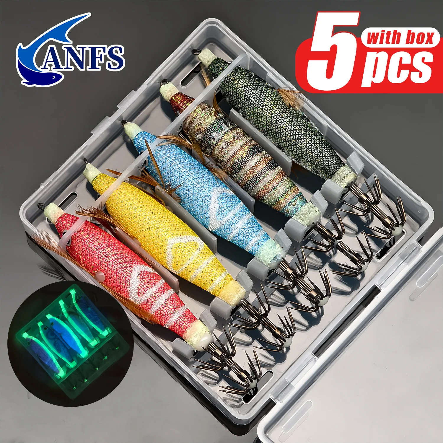 ANFS Señuelos horizontales para camarones, plantilla de calamar, señuelos de gambas para pesca de pulpo y sepia, 5 uds. Con caja de almacenamiento - imagen 3