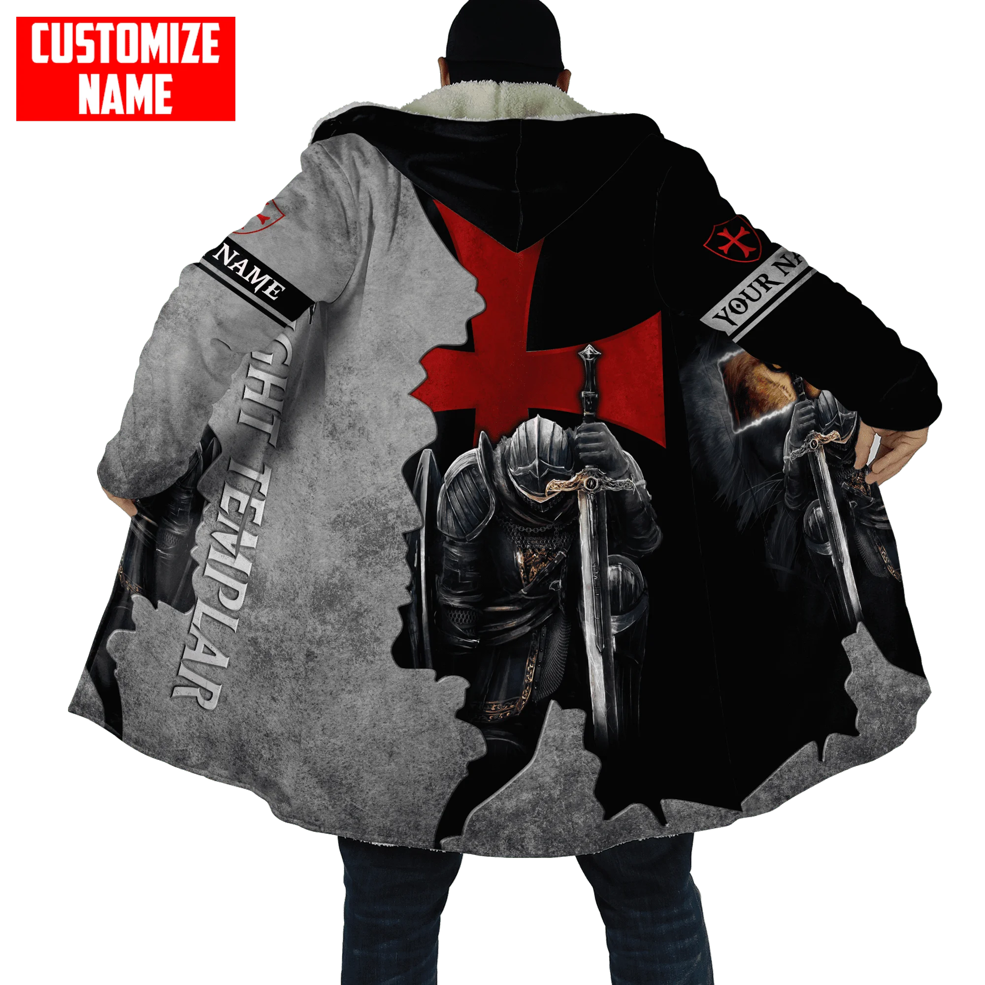 Capa de invierno a la moda para hombre, caballeros templarios, calavera, nombre personalizado, estampado 3D, capa gruesa de lana con capucha, capa cálida informal Unisex DP34 - imagen 5