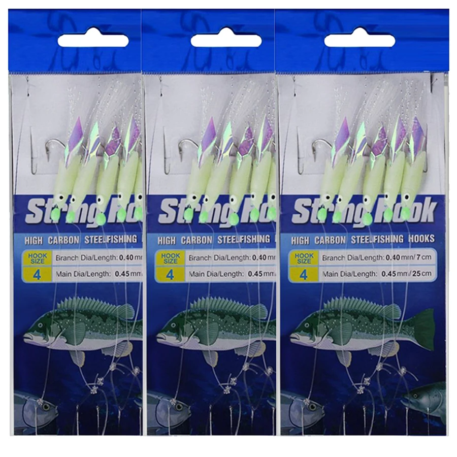 Plataformas Sabiki, 3 paquetes de Señuelos de Pesca de agua salada, aparejos de cebo, 5 anzuelos, cuerda de piel de pescado Real, gancho, caballa que brilla en la oscuridad, aparejos Flash - imagen 2