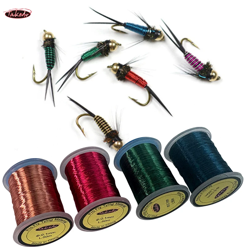 TAKEDO TN87 0,1 MM 50M/carrete atado de moscas alambre de cobre para cebos de señuelo de mosca cuerpo acanalada plomo agua Metal atado de moscas hilo