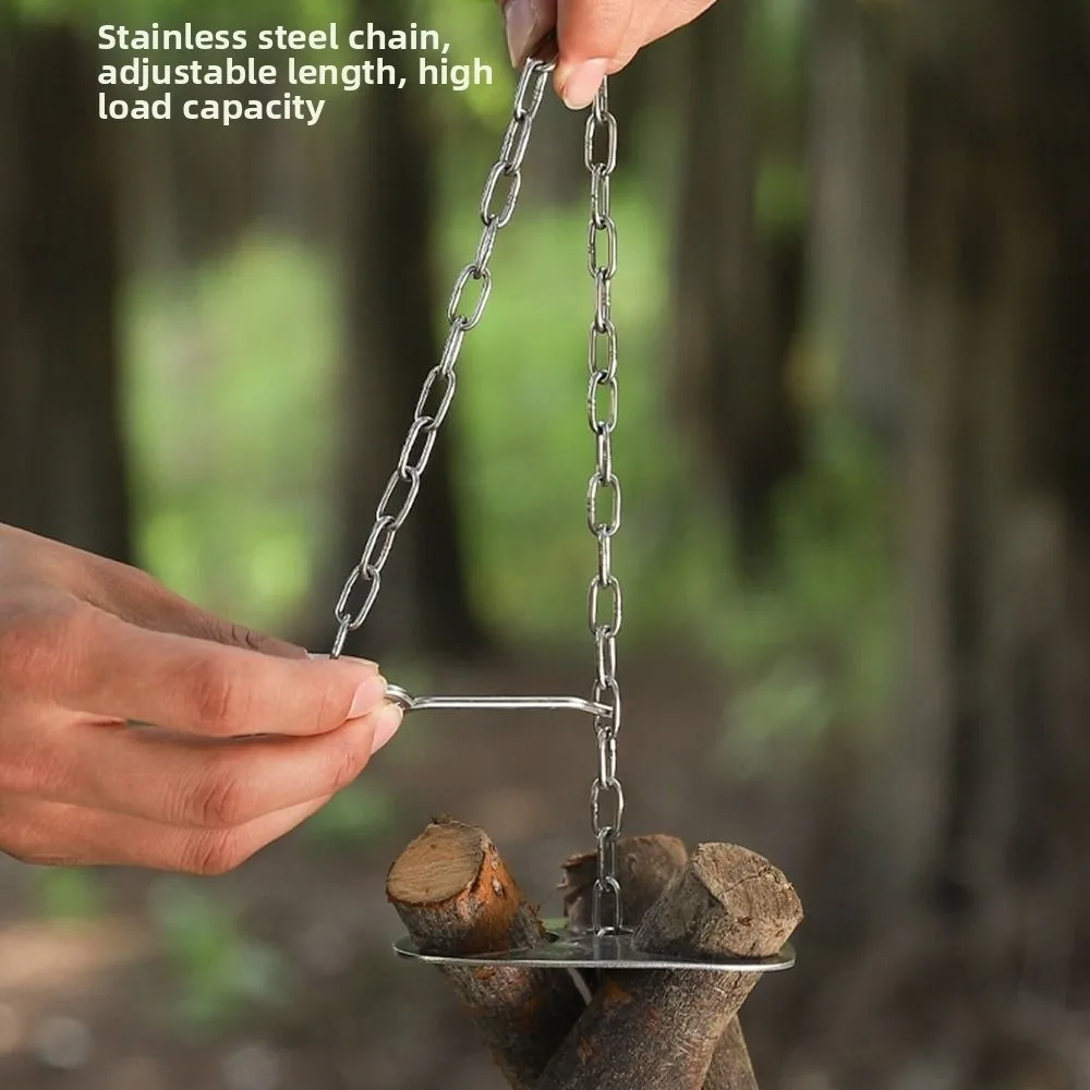 Trípode para fogata con cadena ajustable, estante para ollas, soporte triangular desmontable de acero inoxidable para barbacoa, portátil, resistente al calor