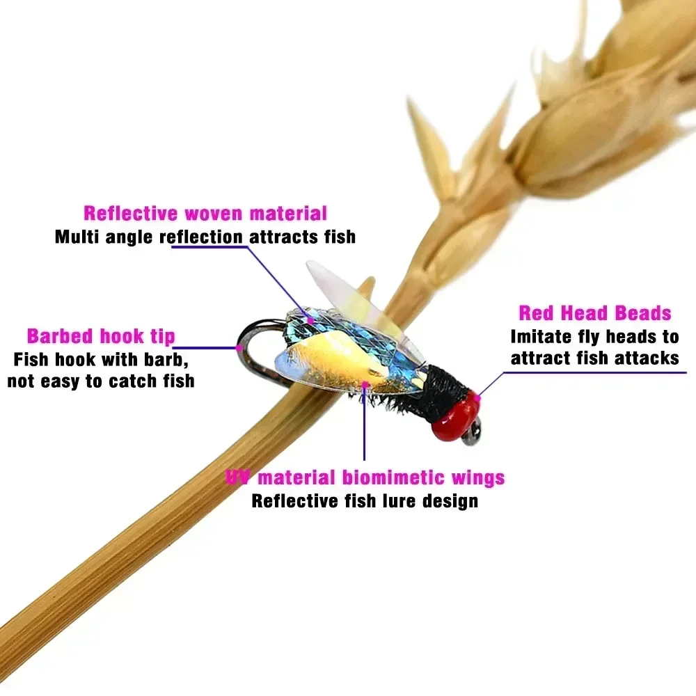 10 Uds. Señuelo de pesca con mosca de doble ala láser, señuelo de insecto biónico Artificial realista para lubina, trucha, carpa, cebo de pesca con mosca - imagen 5