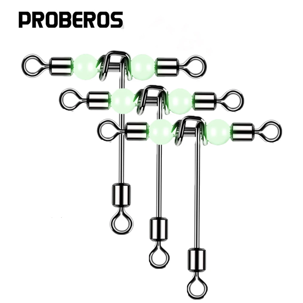 Conector de pesca de 3 vías, giratorios de línea cruzada con cuentas luminosas de perlas en forma de T, anzuelos giratorios para pesca en el mar, bagre, 10 Uds.