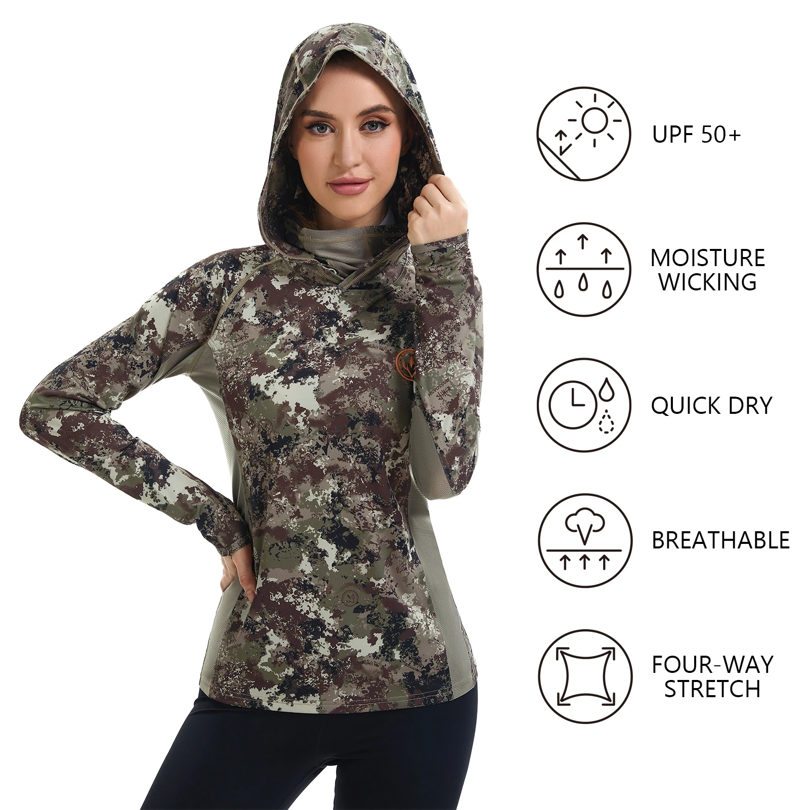 BASSDASH Sudadera con capucha de caza de camuflaje UPF 50+ para mujer con polaina para el cuello Camiseta con capucha de pesca de manga larga de rendimiento transpirable FS03W - imagen 5