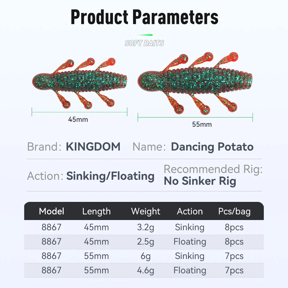 Kingdom Dancing-Señuelos de pesca blandos con patata, 3,2g, 6g, 45mm, 55mm, cebos blandos que se hunden en PVC, añade sal, olor a pescado, 8 Uds., 7 Uds. - imagen 4