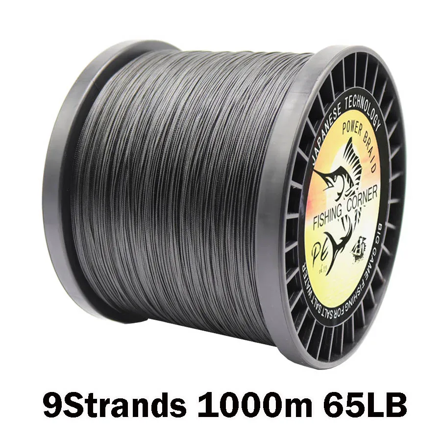 Línea de pesca de 9 hebras, 1000m, líneas de PE trenzadas más suaves, 0,38mm, 65LB, alambre trenzado de PE multifilamento negro para agua salada