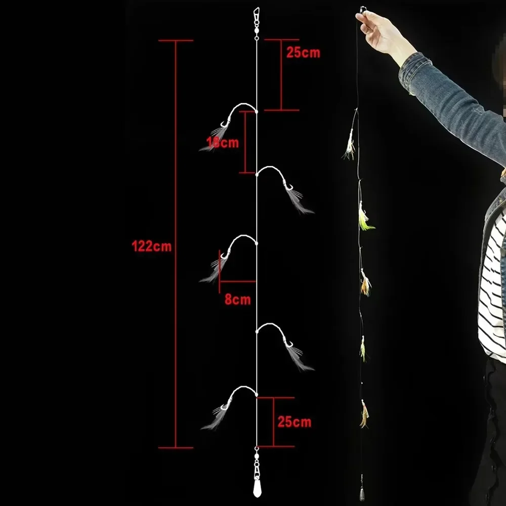 Plumas de caballa de agua salada, aparejos de cebo Sabiki con señuelos de cuerda, aparejos de maratón luminosos, juego de señuelos de pesca con 5 ganchos de acero al carbono - imagen 3