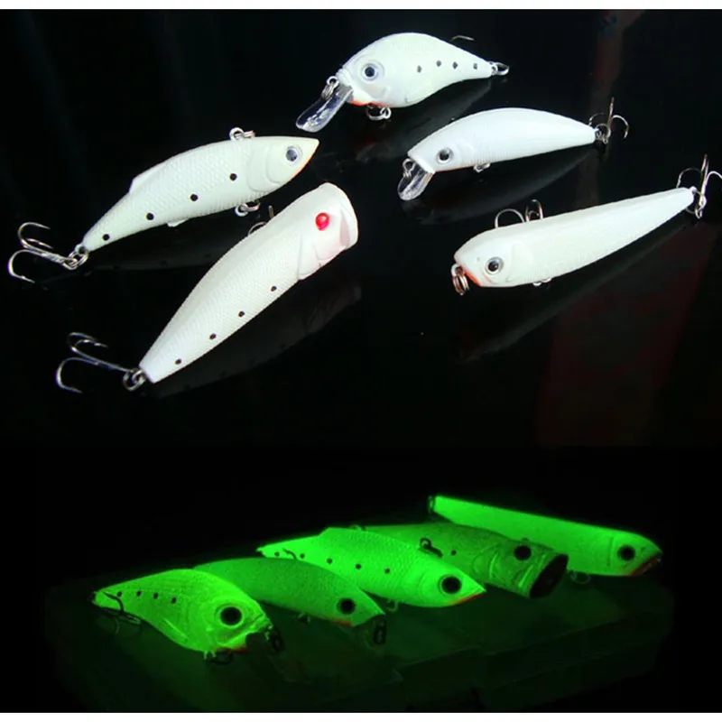 Señuelo de pesca nocturna VIB Minnow Pencil Popper Crank, Kit de señuelos que brillan en la oscuridad, cebos duros luminosos, lote de 5 piezas