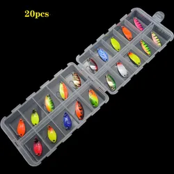 Señuelo de pesca de lentejuelas de Metal de 20 piezas con caja, cebos de cuchara, cebos artificiales de un solo gancho que se hunden en hielo de invierno de colores mezclados