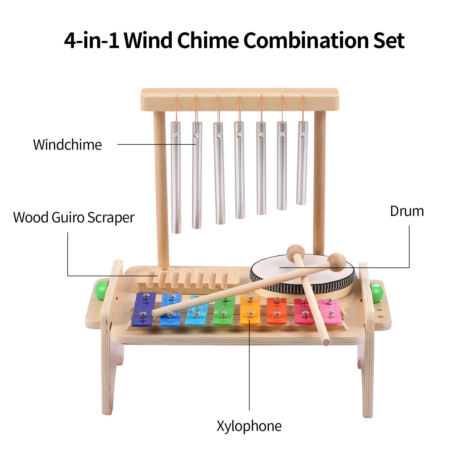 Combinación de carrillón de viento para niños, juego de tambor de xilófono, raspador de Guiro de madera, juego de instrumentos musicales 4 en 1 con 2 mazos - imagen 5