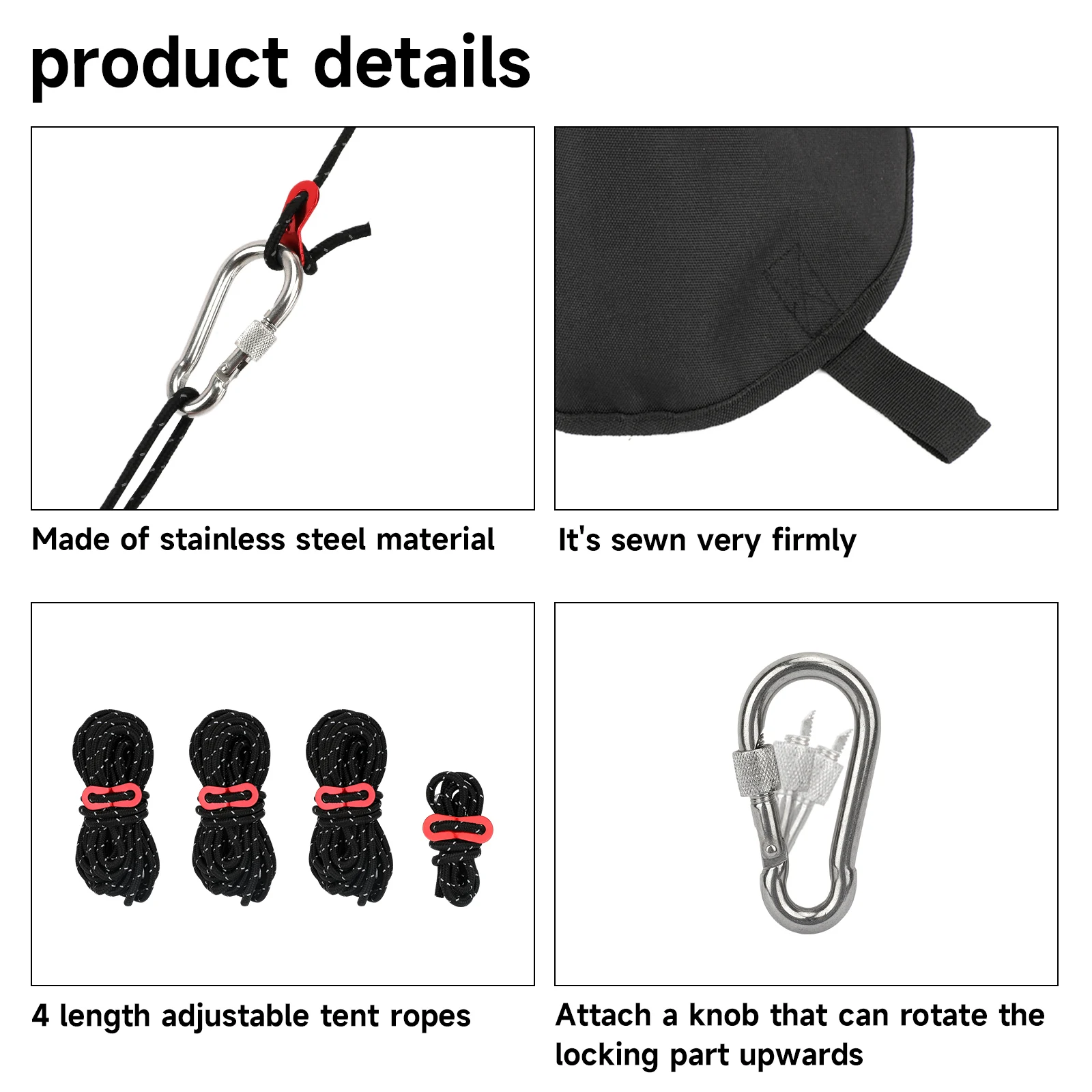 SANLIKE-Tapa de cúpula negra yurta, carpa impermeable, 4 cuerdas, hebilla de escalada autoblocante de acero inoxidable, accesorios para tienda de campaña al aire libre - imagen 3