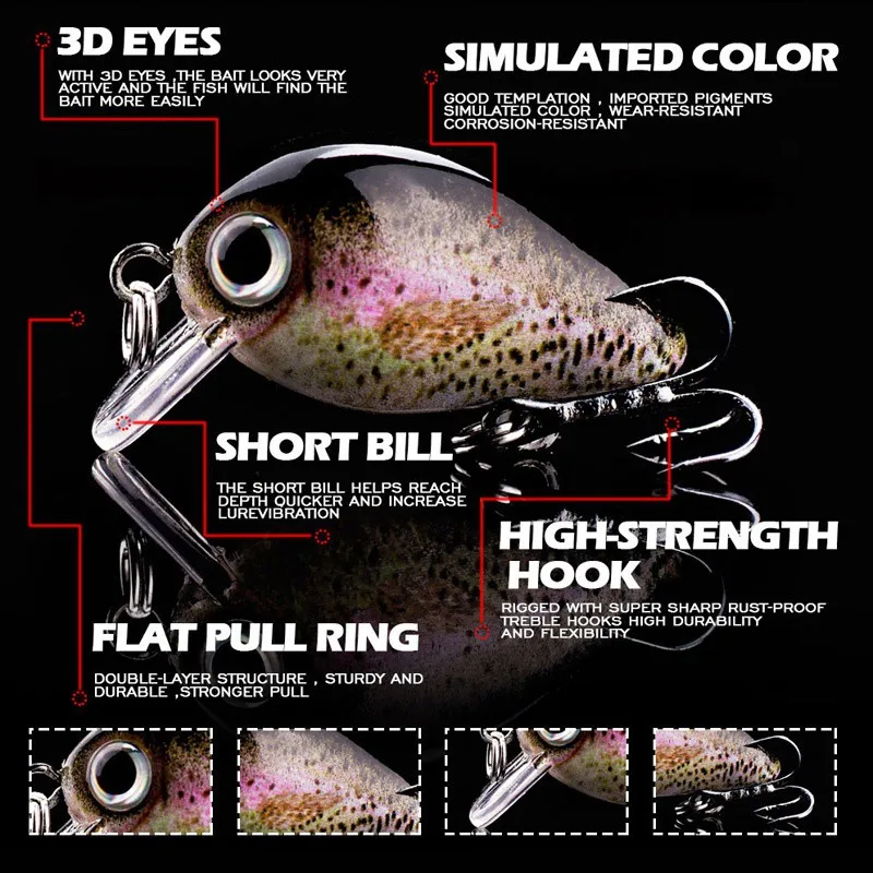 Juego de Mini Señuelos de Pesca, cebos de manivela realistas, cebos artificiales, Swimbait con caja de aparejos, 5 uds. - imagen 4