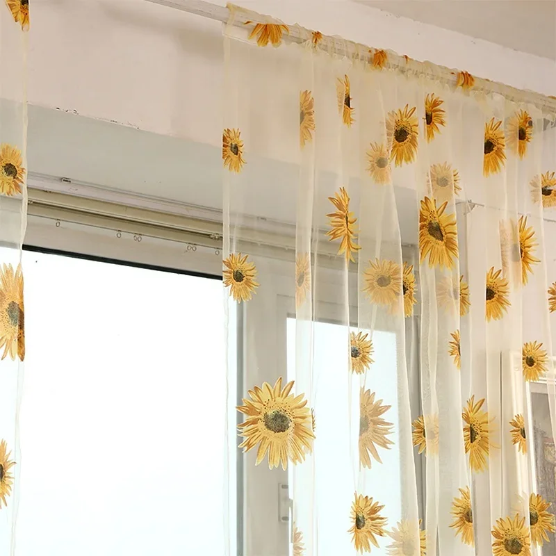 Cortinas de tul de girasol para sala de estar, dormitorio, cocina, paneles de ventana, cortinas de gasa transparente, decoración del hogar de 100x200cm - imagen 5