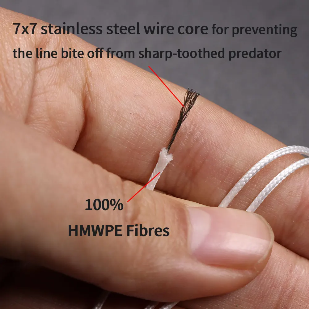 Bimoo 5 m/pack blanco rojo PE anzuelo Assit línea 7*7 núcleo de alambre de acero inoxidable 16 hebras línea de pesca trenzada 90/120/150LB - imagen 5
