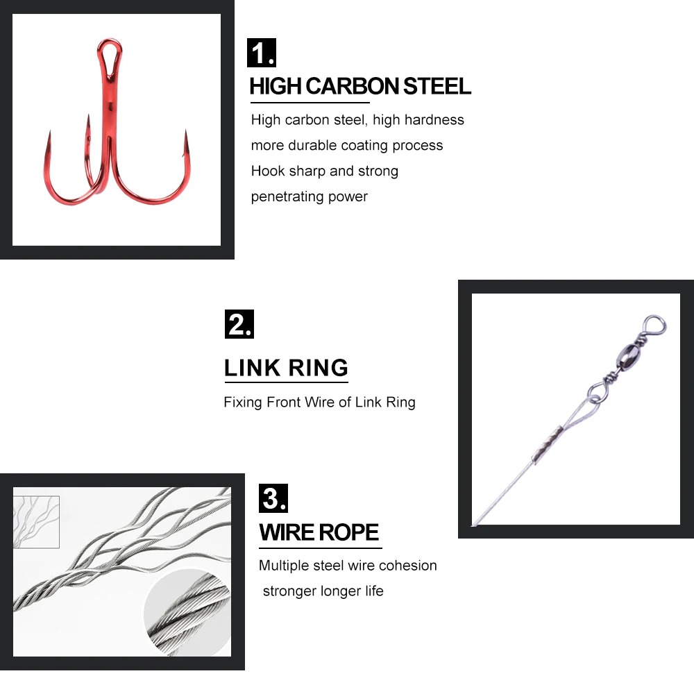 FTK-anzuelo de pesca de acero rico en carbono, anzuelos triples con cuerda de alambre de acero, anzuelo rojo para accesorios de pesca de lubina y carpa - imagen 4