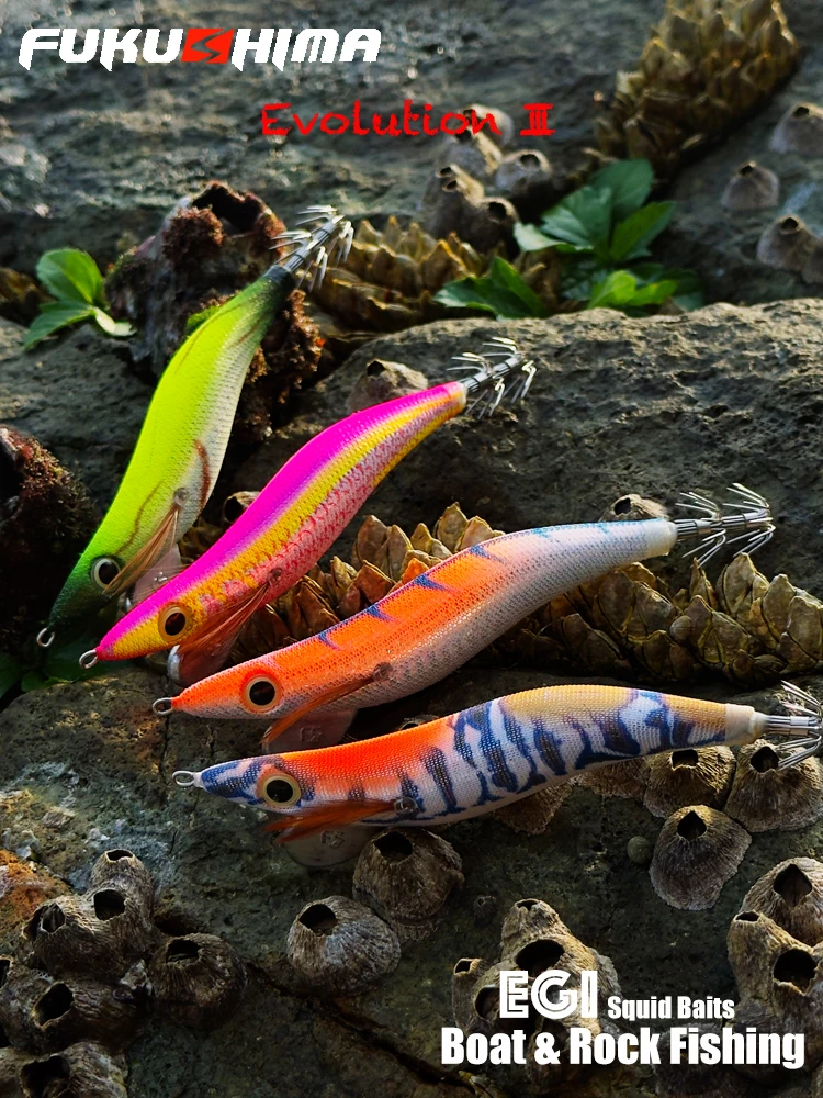 FUKUSHIMAZEECK 3.5 SQUID JIG EVOLUTION EGI LURE FISHING LONG SHOT WOOD SHRIMP BAIT EYES & TAIL GLOW SHARP HOOKS 21GRAM EBI-SOUND