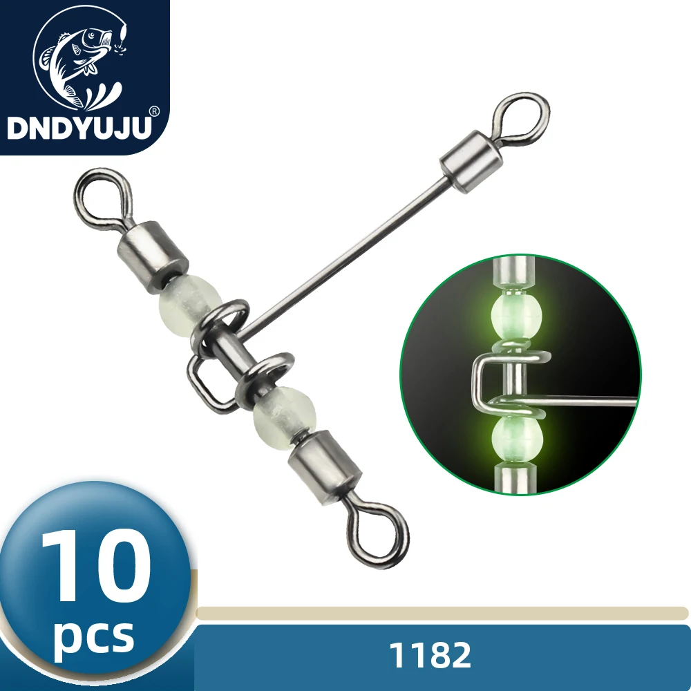 DNDYUJU 10 Uds. Giratorio rodante luminoso en forma de T de 3 vías con cuentas de perlas, giratorios de pesca, anzuelos, conector de pesca