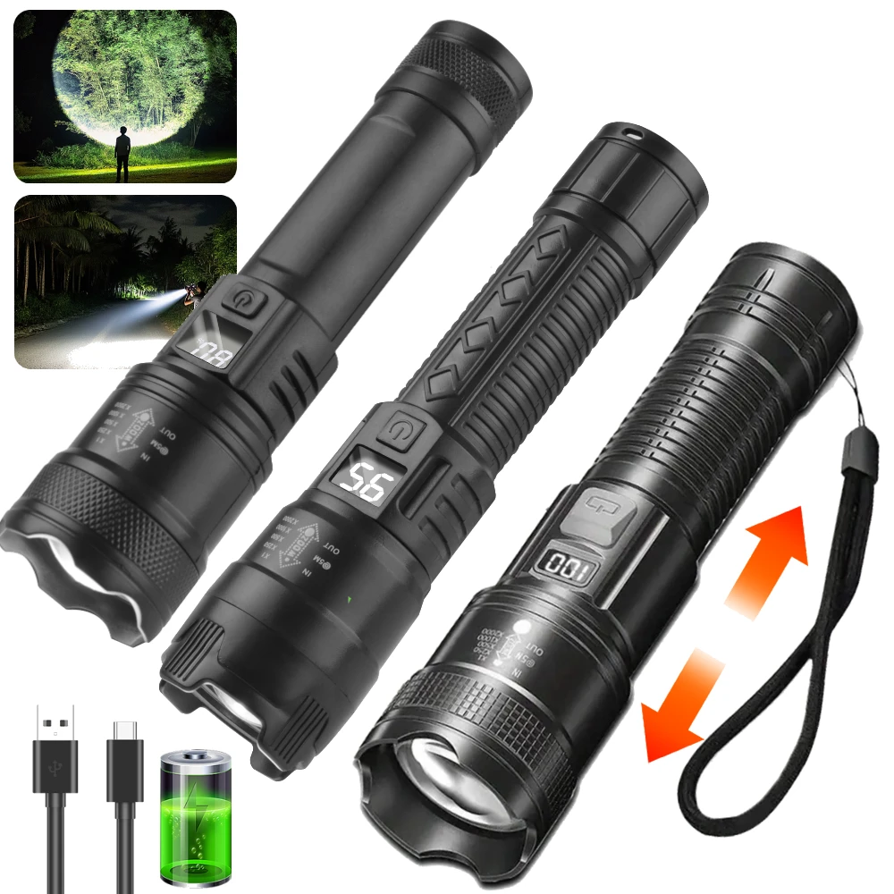 Antorcha LED recargable, linterna de enfoque ajustable superbrillante, 3 modos de iluminación, antorchas con pantalla Digital inteligente resistente al agua IPX4