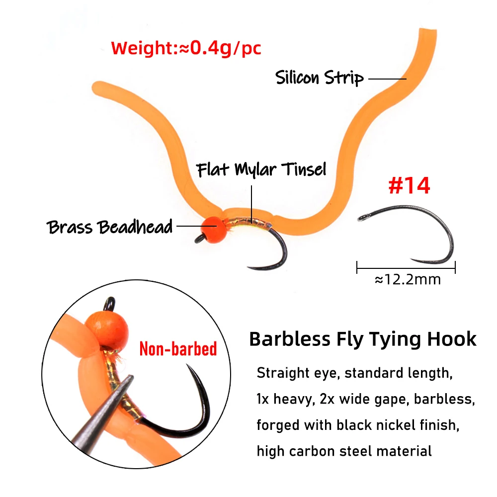 Wifreo 8 piezas # 14 gancho sin púas cabeza de cuentas de latón Flash vientre Squirmy gusano ninfa moscas trucha gris pesca con mosca señuelo cebo - imagen 4
