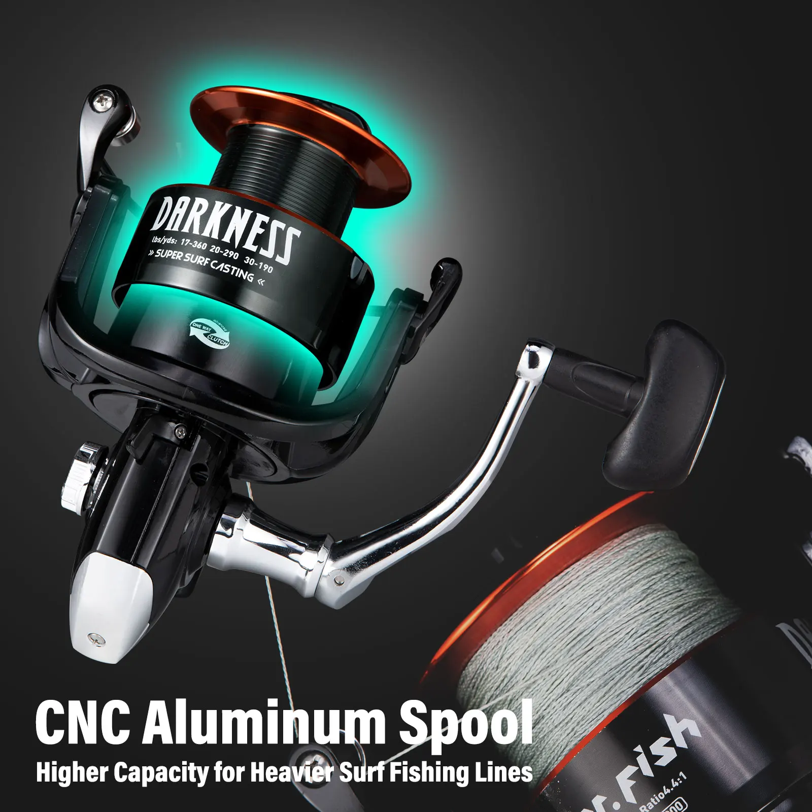 Carrete giratorio de pesca de Surf 9 + 1BB 4,4: 1, arrastre máximo de 35lb, carrete de aluminio CNC, arrastre de fibra de carbono, cuerpo de grafito para agua salada - imagen 3