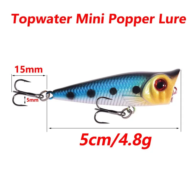 5 uds Top Water Mini Popper juego de Señuelos de Pesca de colores mezclados 5cm 4,8g Minnow Wobblers cebo de plástico Artificial con anzuelos triples - imagen 4