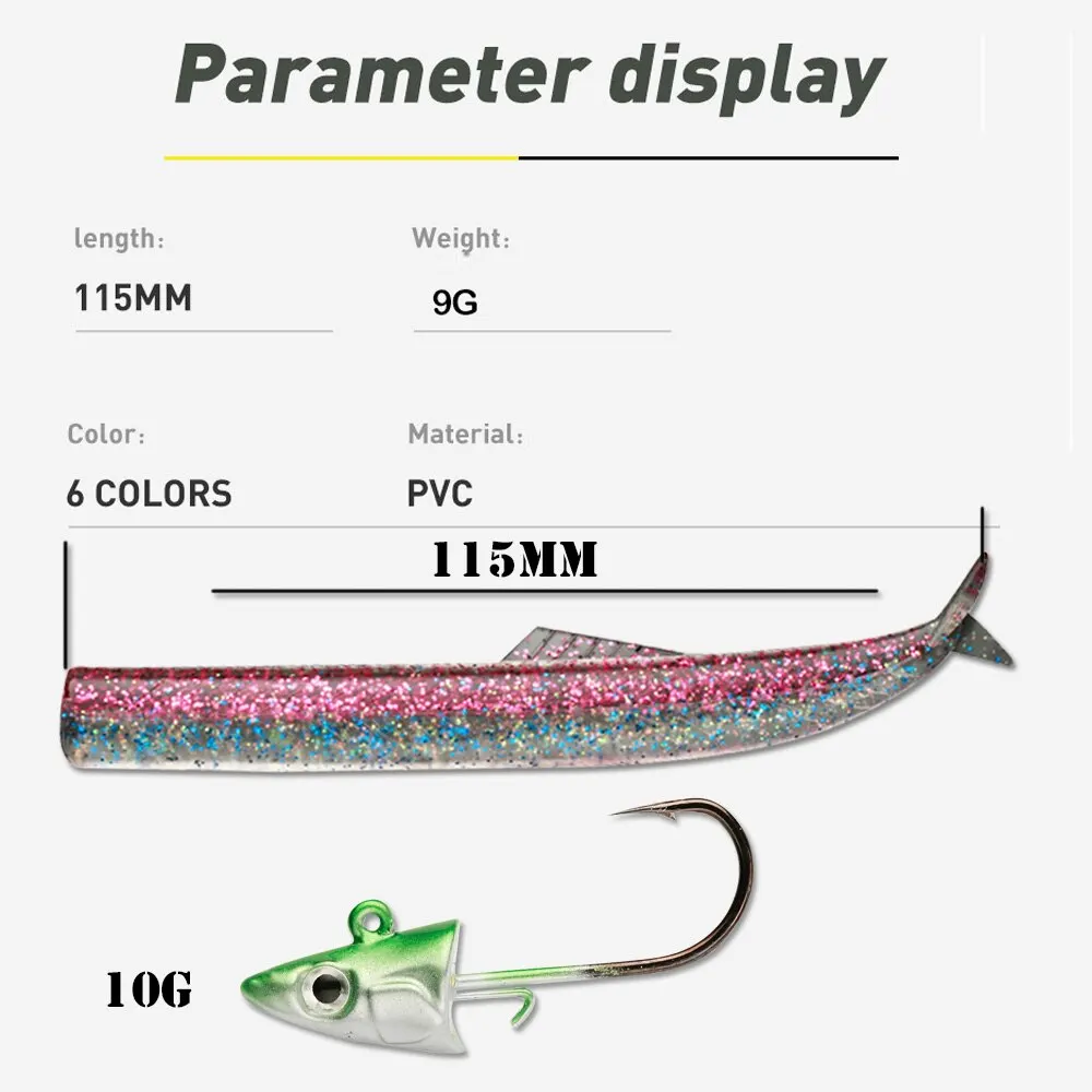 Señuelo de pesca suave de 10g, 3 unidades con gancho, anzuelo, cola artificial de Anguila de arena con cabeza de peluca, cebo artificial de Minnow, lubina de agua salada - imagen 2