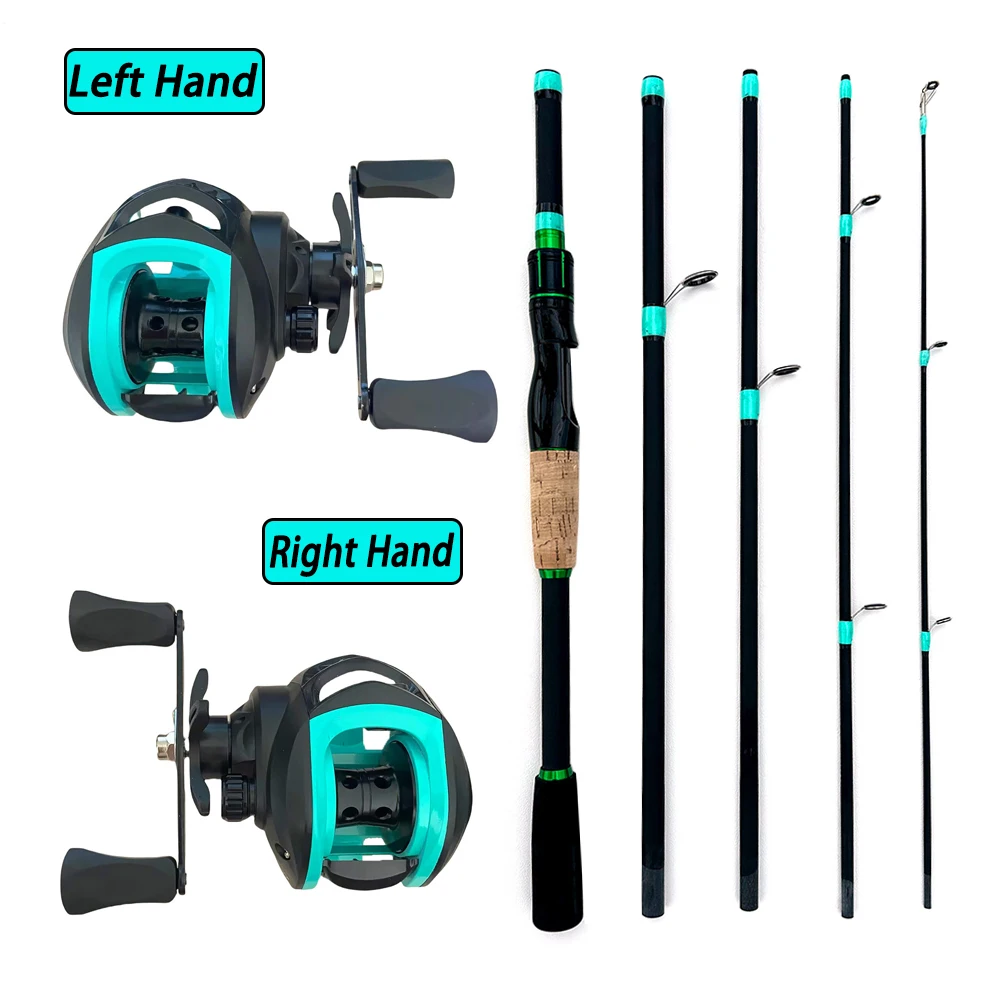 Combo de caña de pescar con señuelo de 4/5 secciones, caña de pescar ML giratoria/fundida de fibra de carbono de 1,8/2,1 m y carrete de Baitcasting, arrastre máximo de 10kg para lubina
