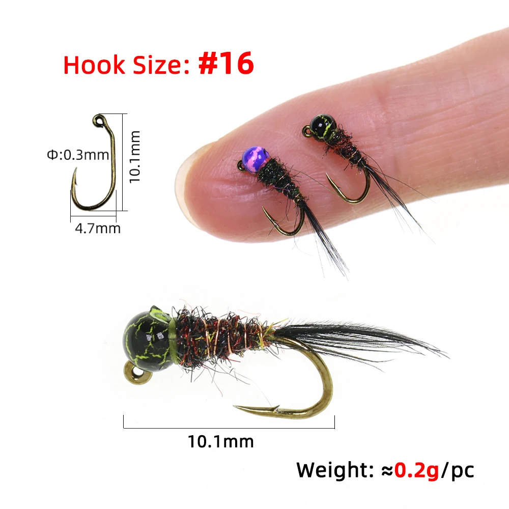 WIFREO 6 piezas 16 #   Anzuelo con diseño de grietas, plantilla con cabeza de cuentas, moscas de ninfa, gusano insecto, cebo de pesca de trucha de hundimiento rápido, señuelo Artificial de pesca con mosca - imagen 4
